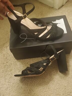 De Blossom Collection Black Rhinestone Strappy Block Heel Sandals